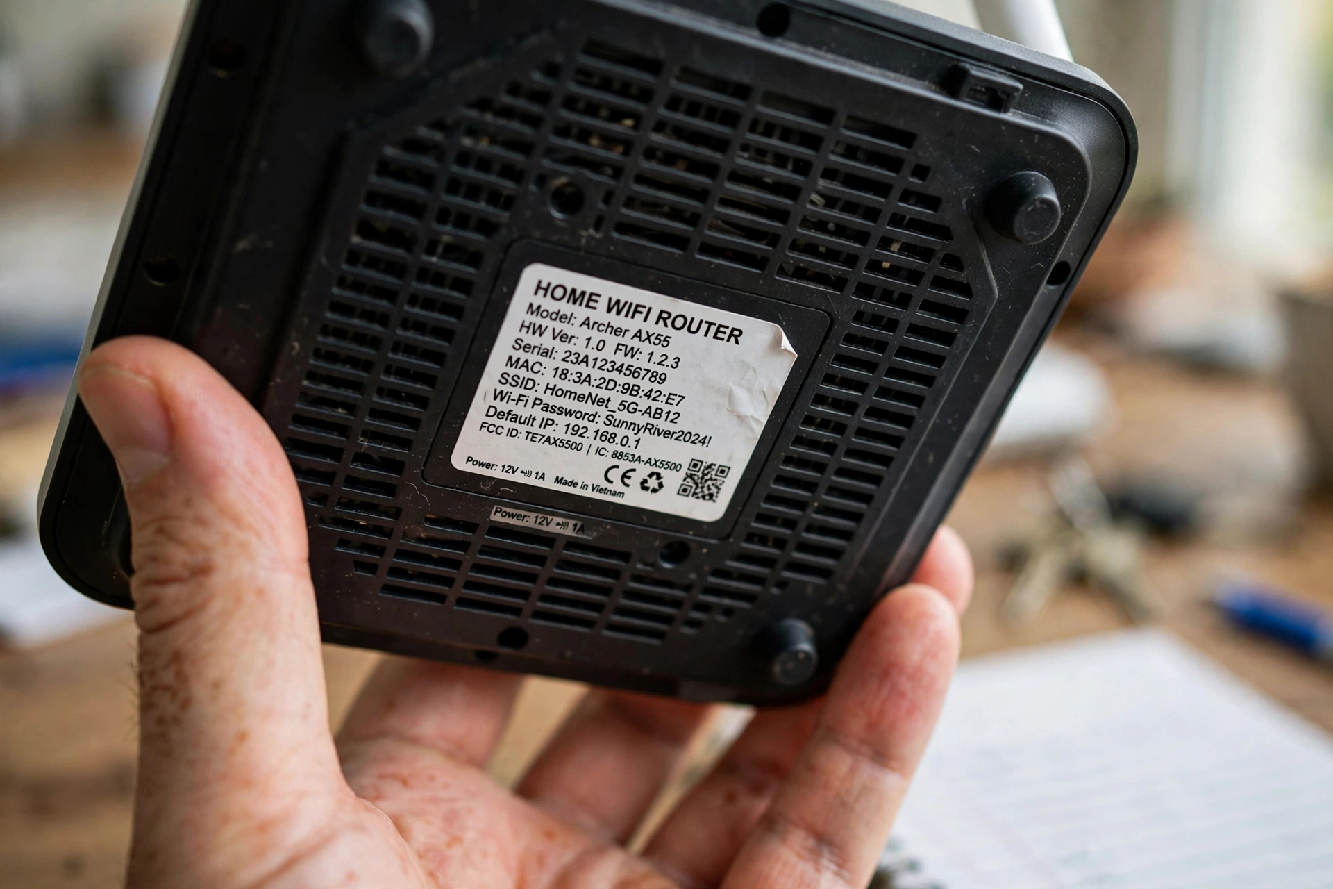 Information sticker on the underside of a home router showing login details