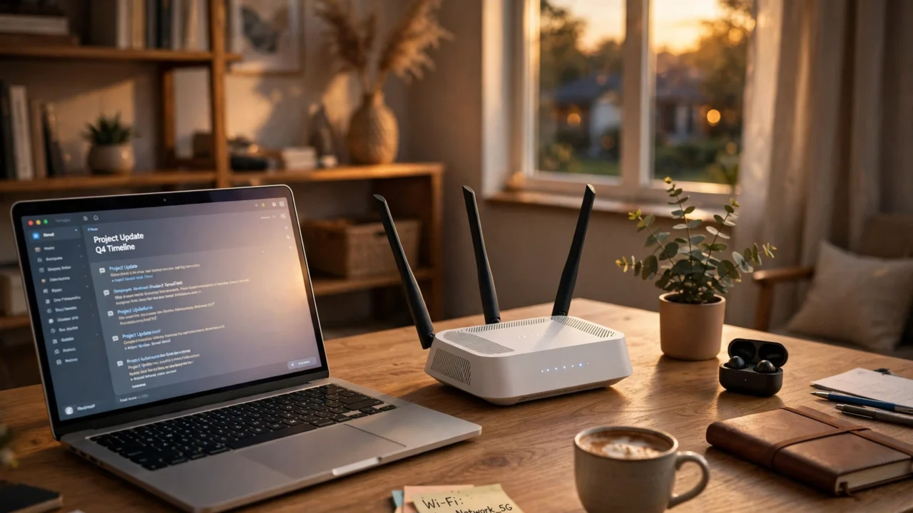 Home Wi-Fi router on a desk next to a laptop used for router login