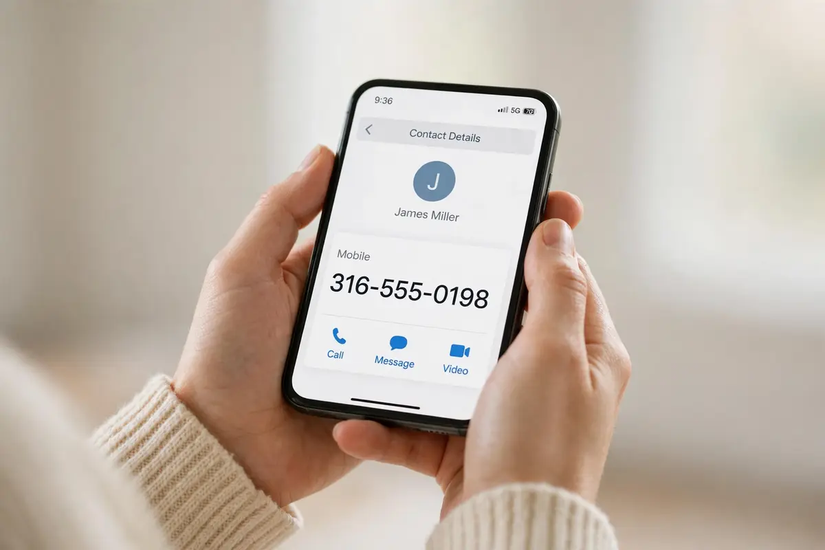 A person holding a phone showing a Wichita number beginning with the 316 area code.