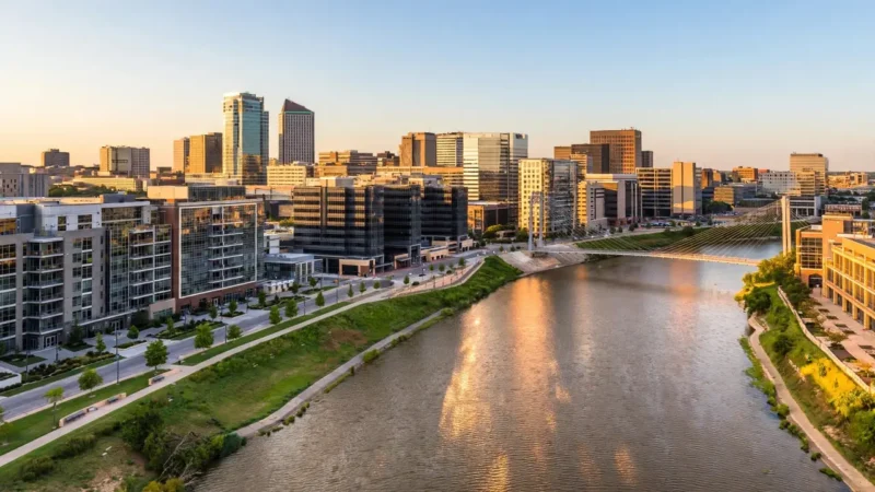 The downtown Wichita skyline in Kansas, the largest city in the 316 area code region.