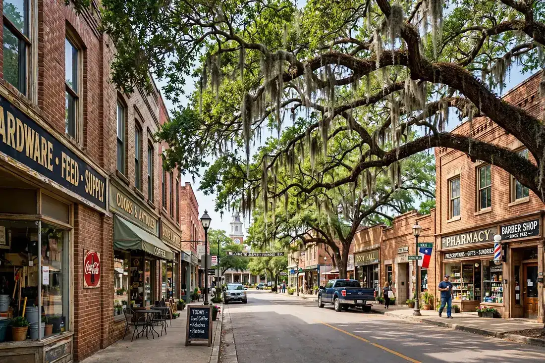 A downtown street with brick buildings and oak trees in Beaumont, Texas.