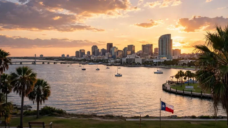 A coastal Texas city skyline at sunset with palm trees and a bay in the 409 area code region.