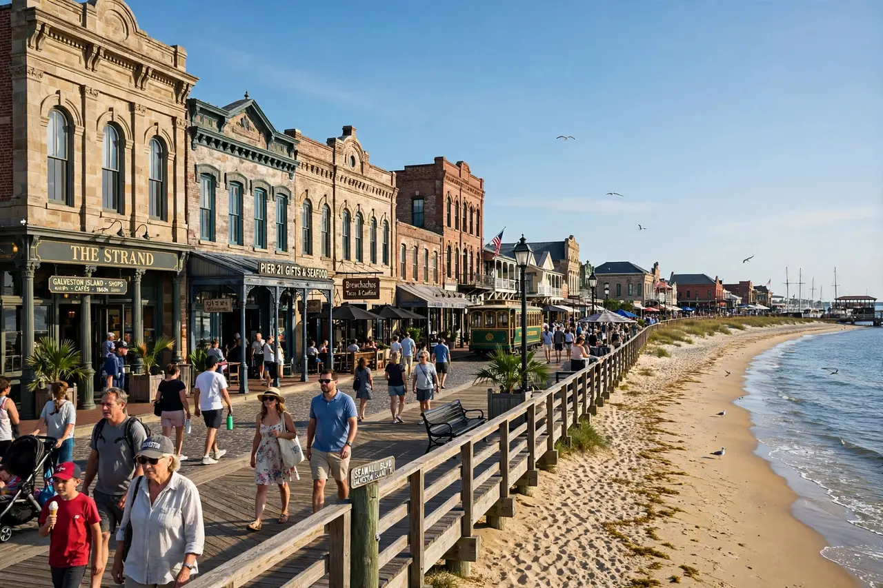 A beach boardwalk and historic seaside buildings on Galveston Island in Texas.