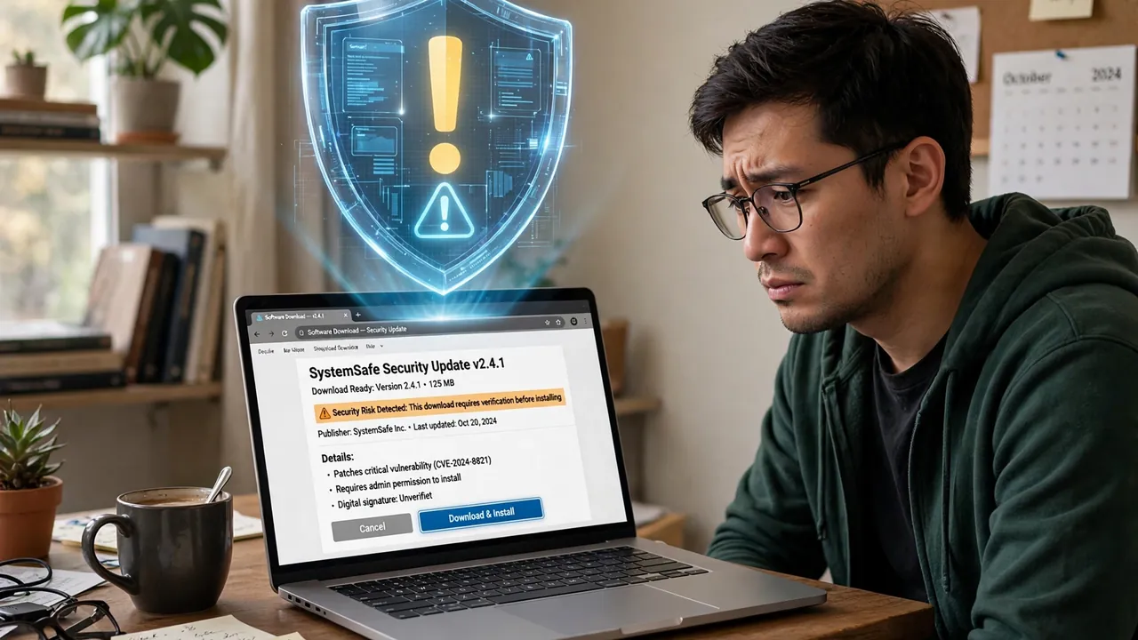 A laptop showing a software download page with a security warning shield, representing the risks of using 4Download