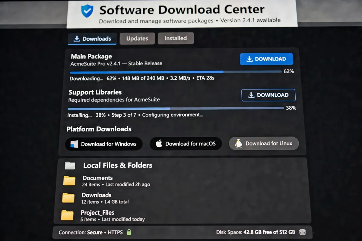 Close-up of a computer monitor showing a software download page with download buttons and file folders