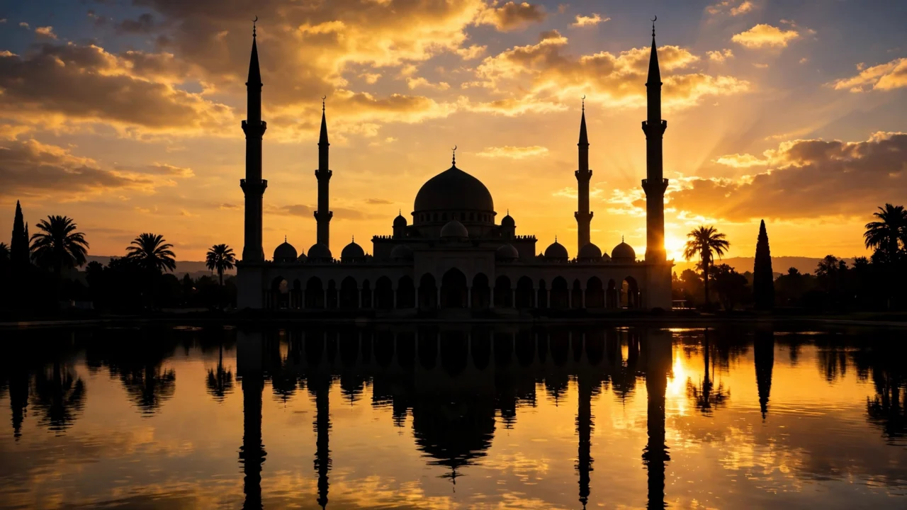 A mosque silhouette at sunset with minarets against a warm golden sky.