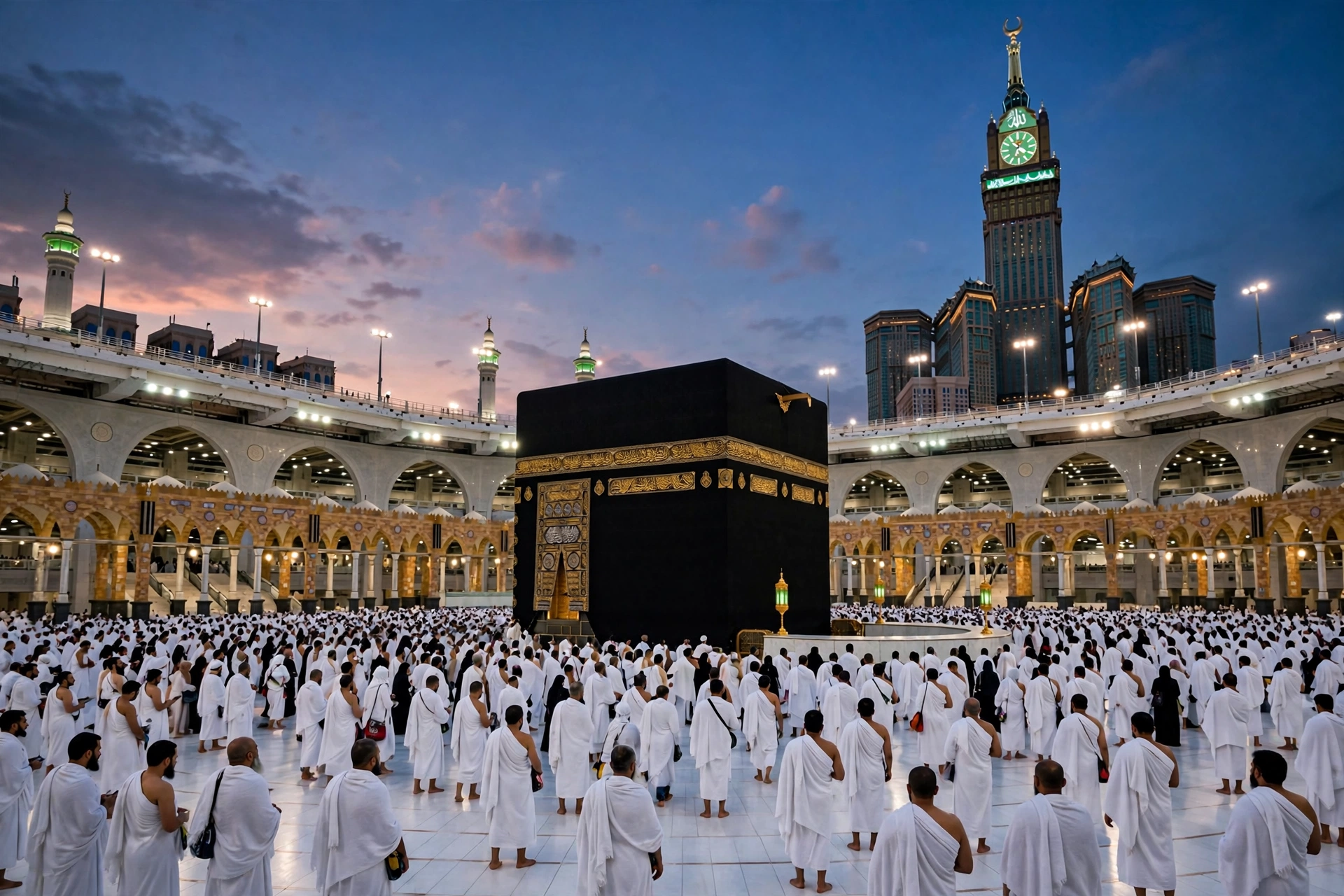 Pilgrims in white garments gathered around the Kaaba in Makkah at dusk.
