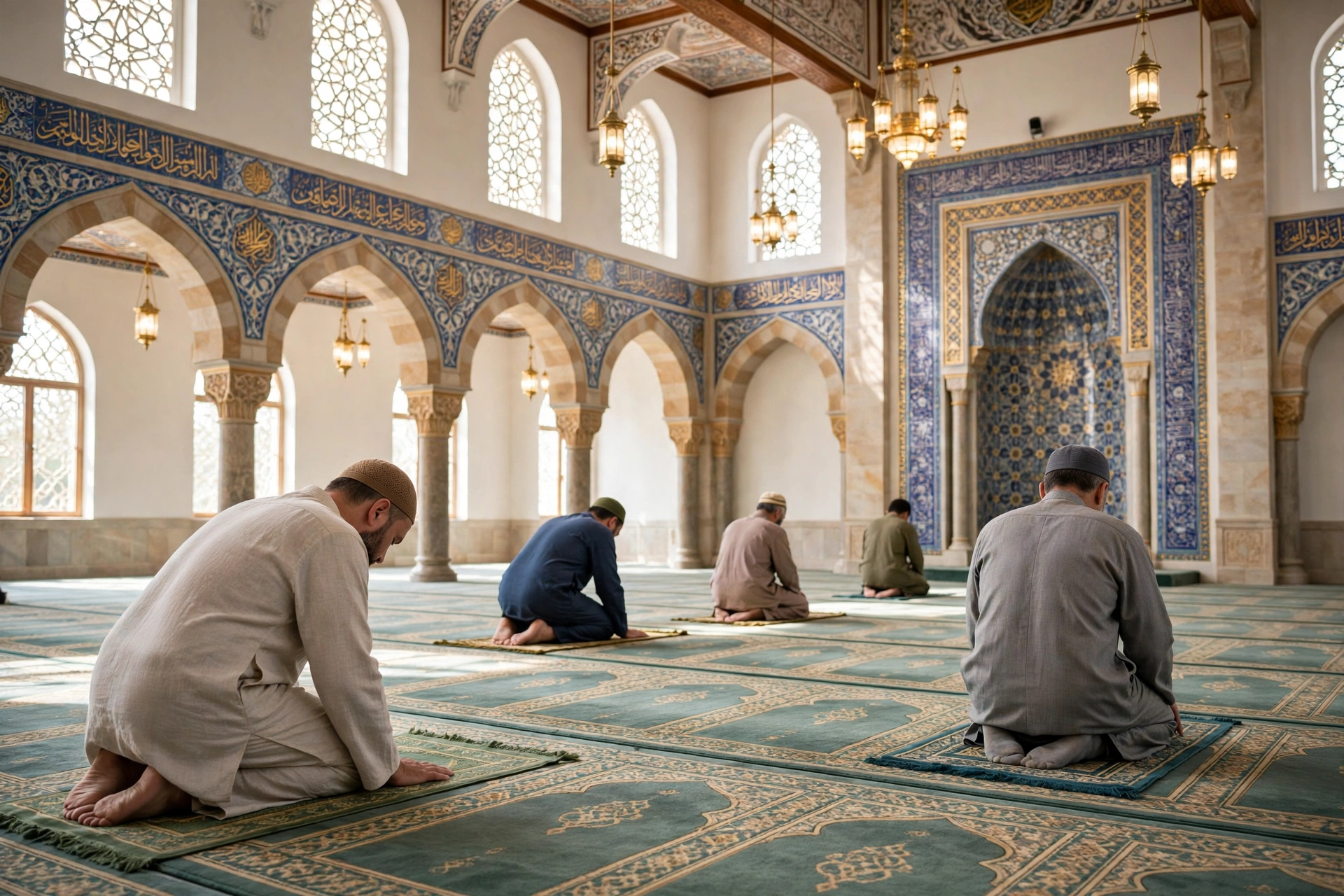 People praying peacefully inside a bright mosque with rows of prayer mats.