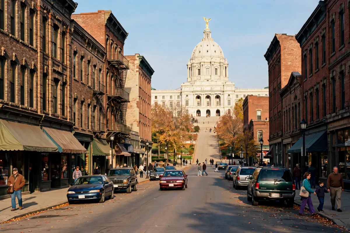 A historic street scene in downtown Saint Paul, Minnesota, reflecting the city at the time the 651 area code was created.