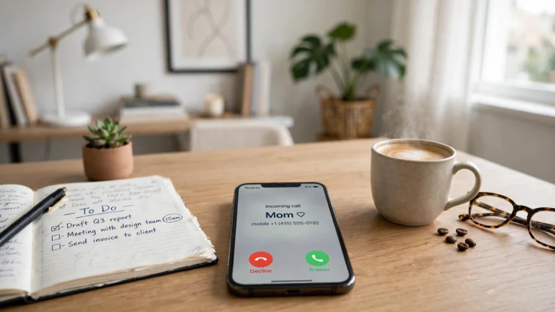 A smartphone on a desk showing an incoming call screen with a notebook and coffee nearby.