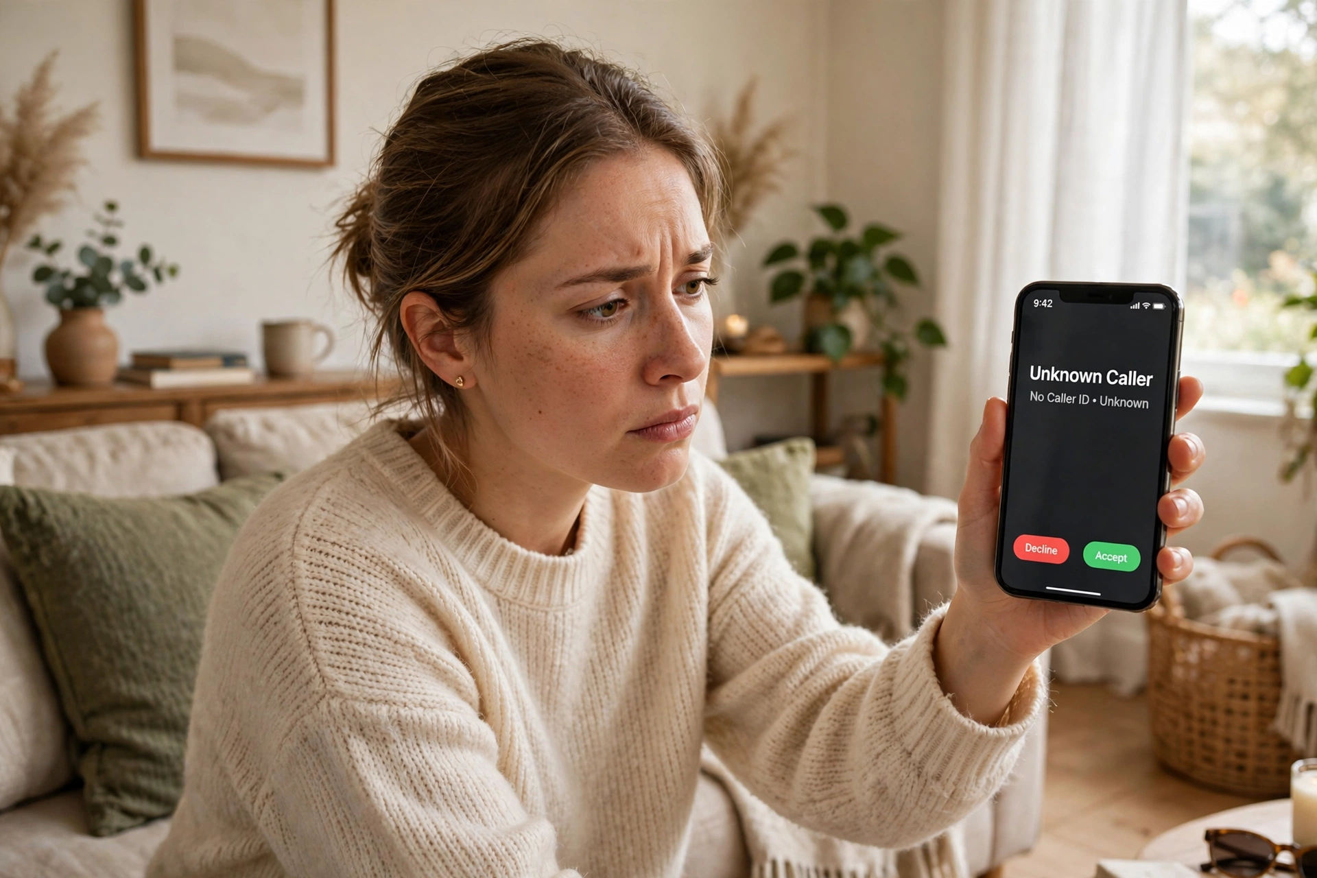A person holding a smartphone away from their ear, looking cautious about an unknown call.