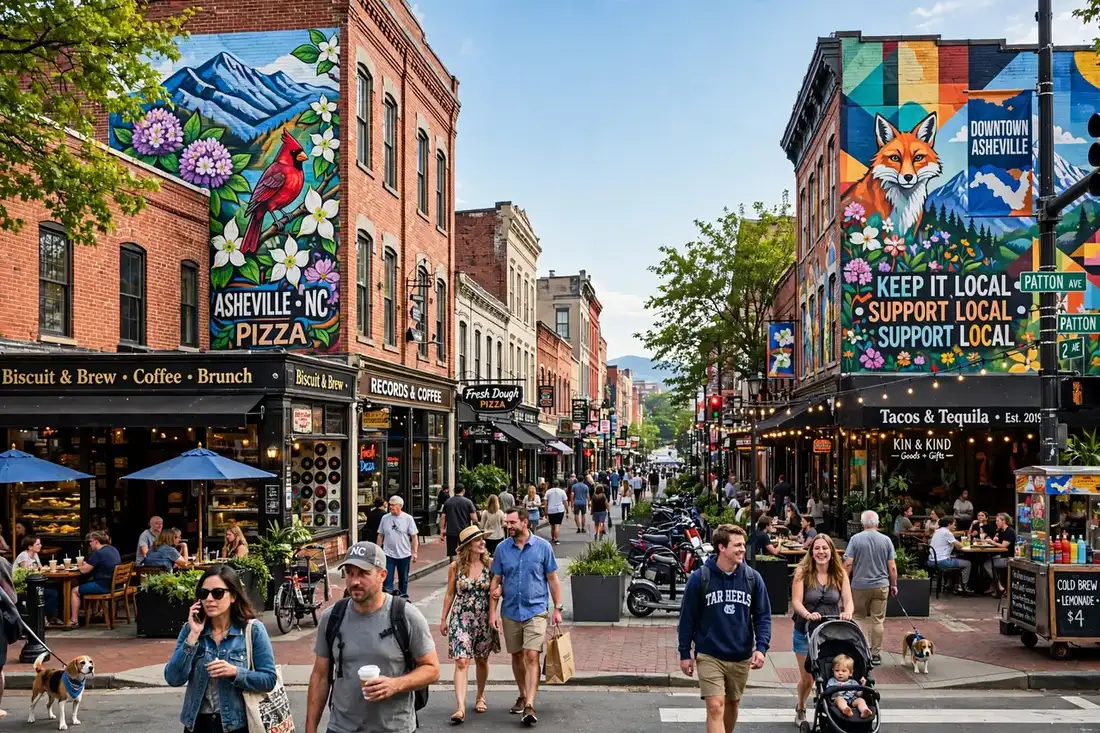 A lively downtown street with restaurants and people walking in a North Carolina city.