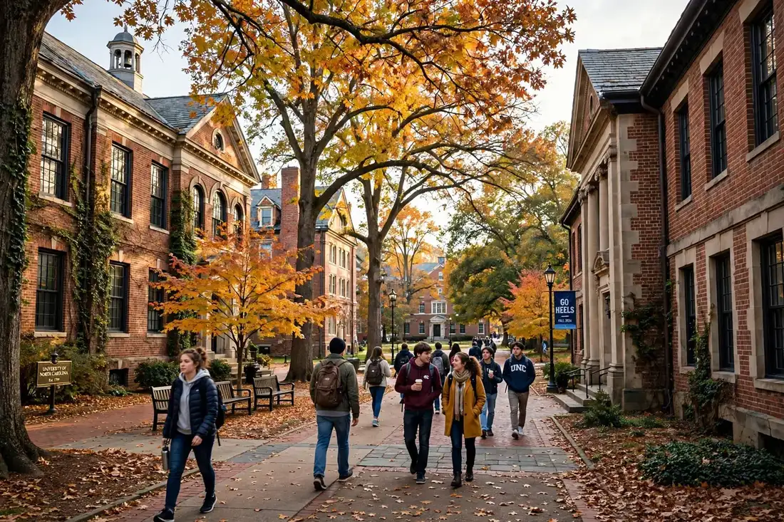 A leafy university campus walkway with historic brick buildings in North Carolina.