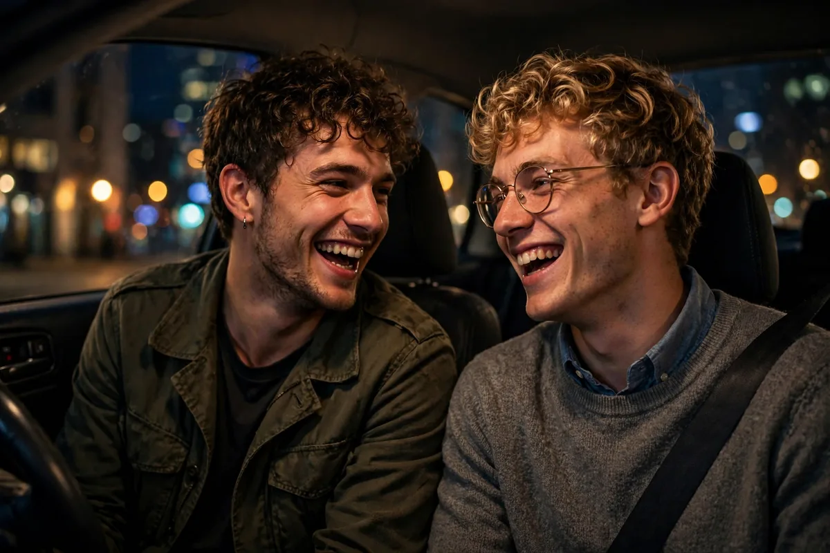 Two mismatched partners laughing together in a car at night
