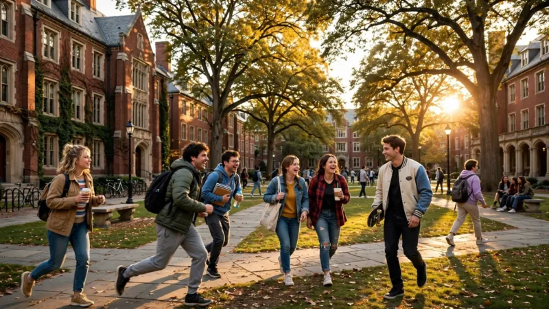 College campus quad at golden hour, the setting where the actors in 22 Jump Street go undercover