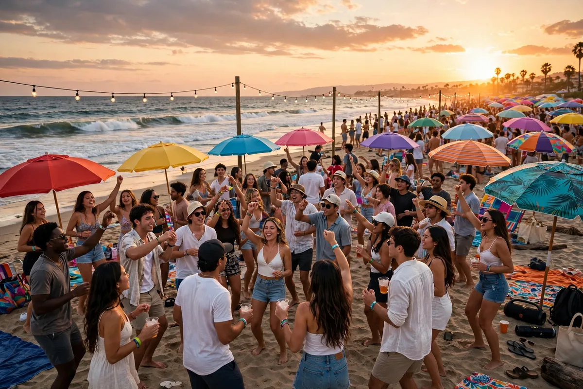 Spring break beach party crowd at sunset with colorful umbrellas and ocean waves