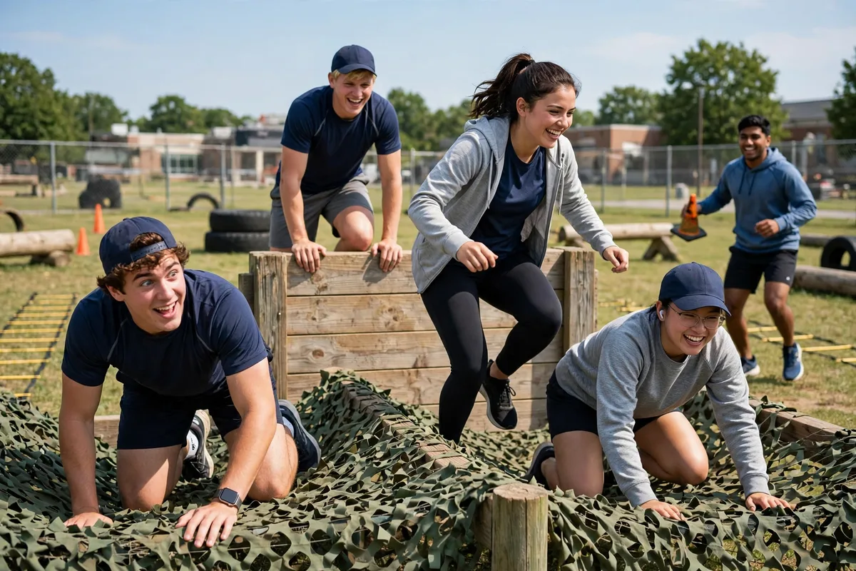 Young recruits tackling a police training obstacle course in bright daylight