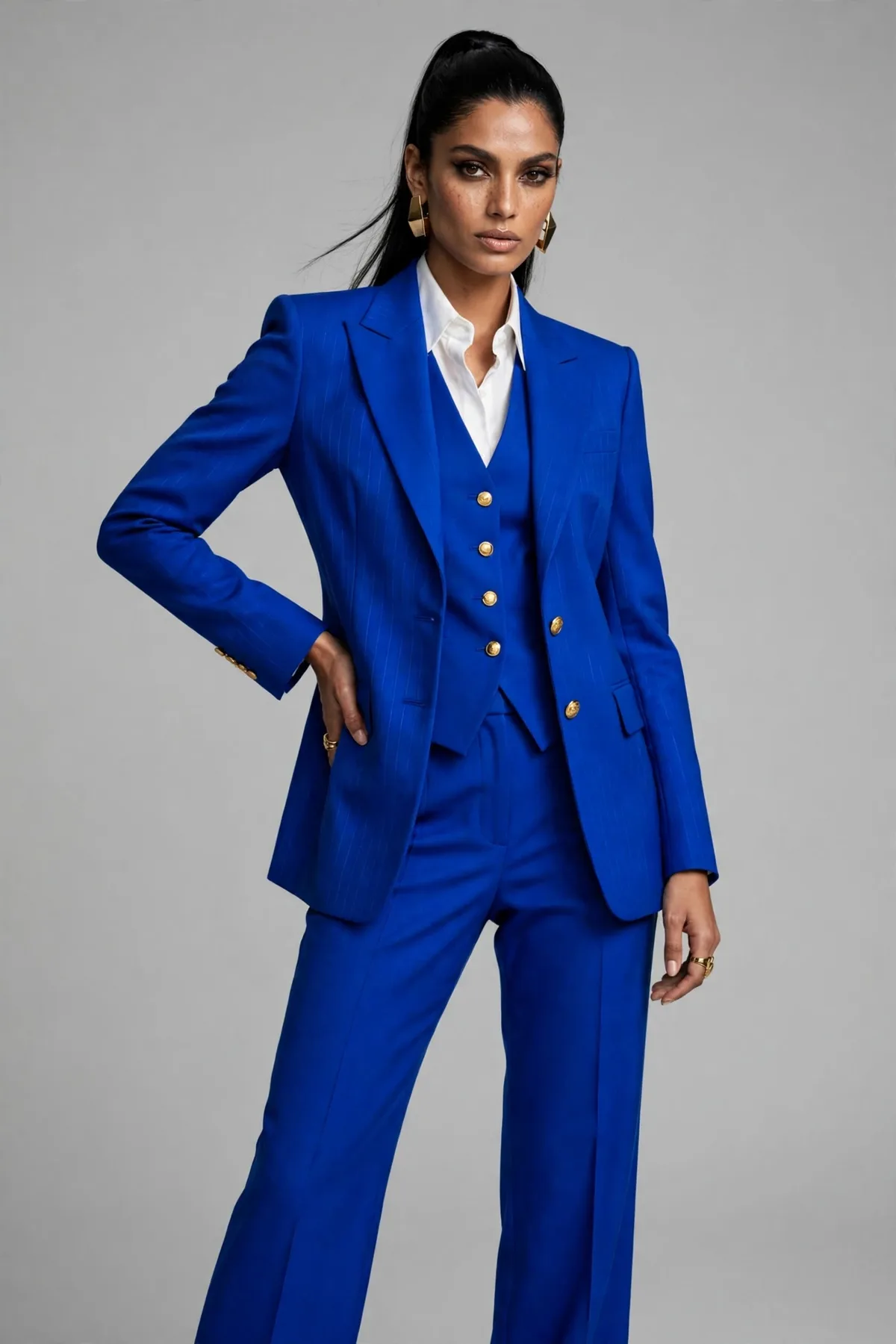 Fashion model wearing a striking cobalt blue tailored outfit in a studio