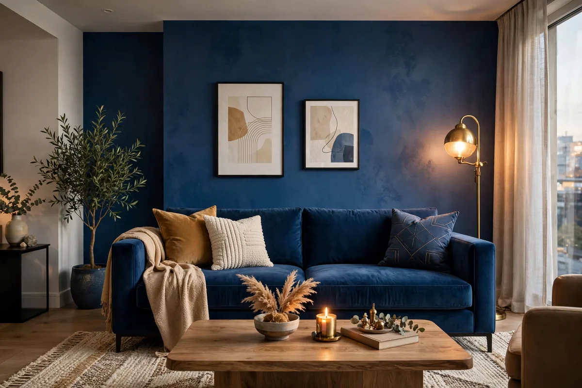 Stylish living room with a deep blue velvet sofa and blue accent wall