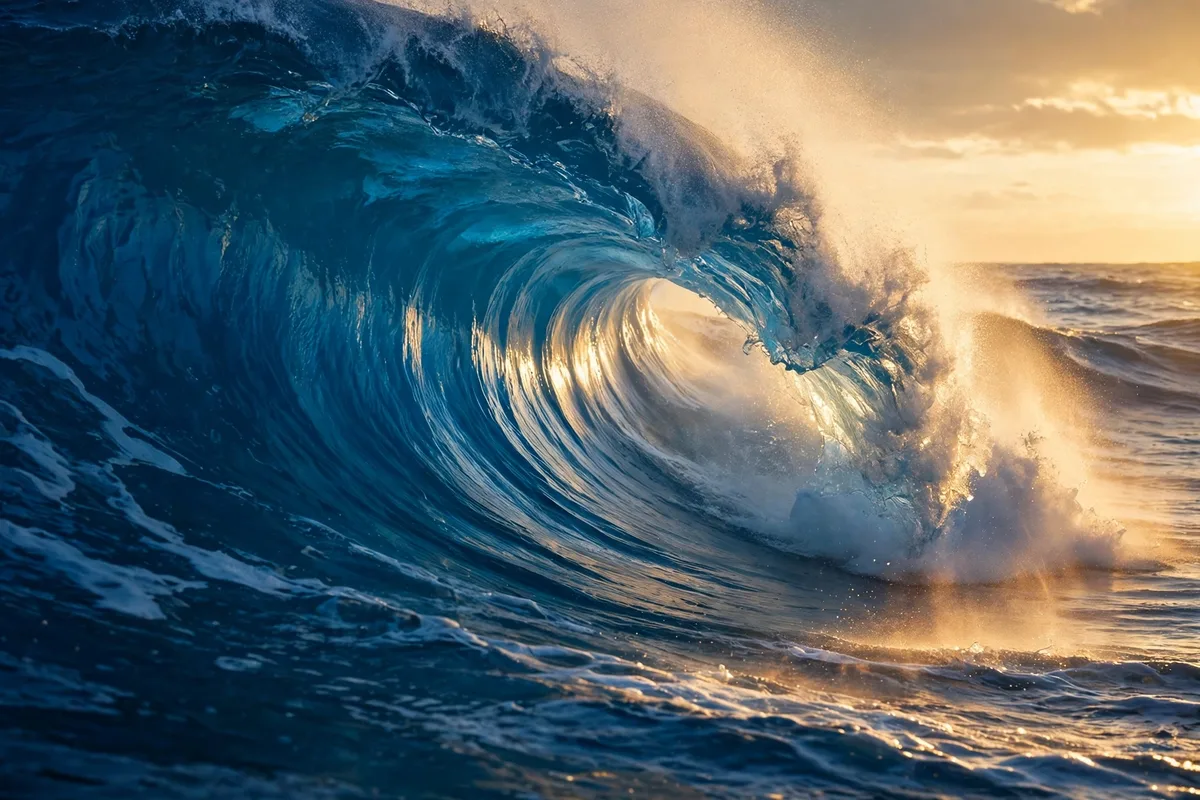 A deep blue ocean wave curling at golden hour