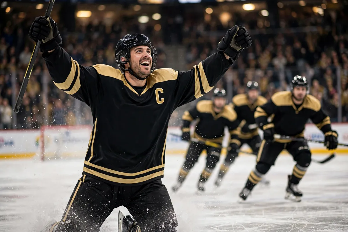 A Bruins-style captain in black and gold celebrating a goal with teammates on the ice.