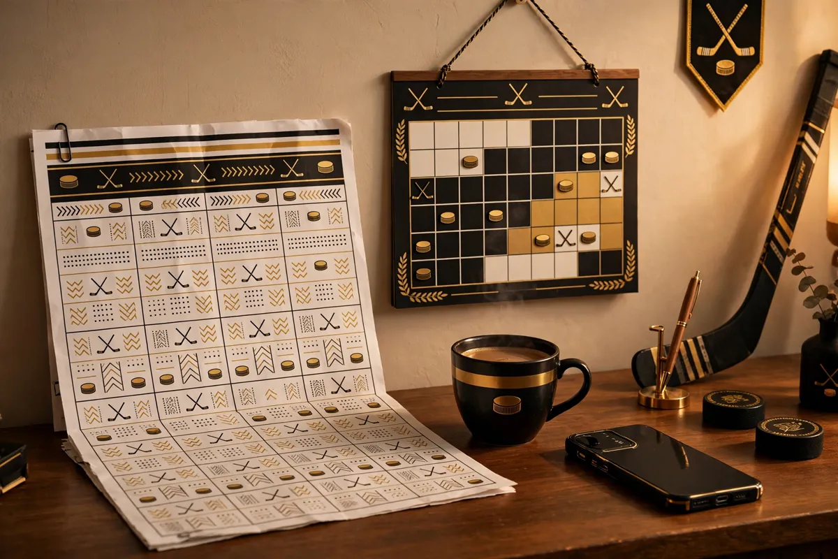 A Bruins fan keeping track of the October 2026 schedule with a calendar, smartphone, and game-day coffee.