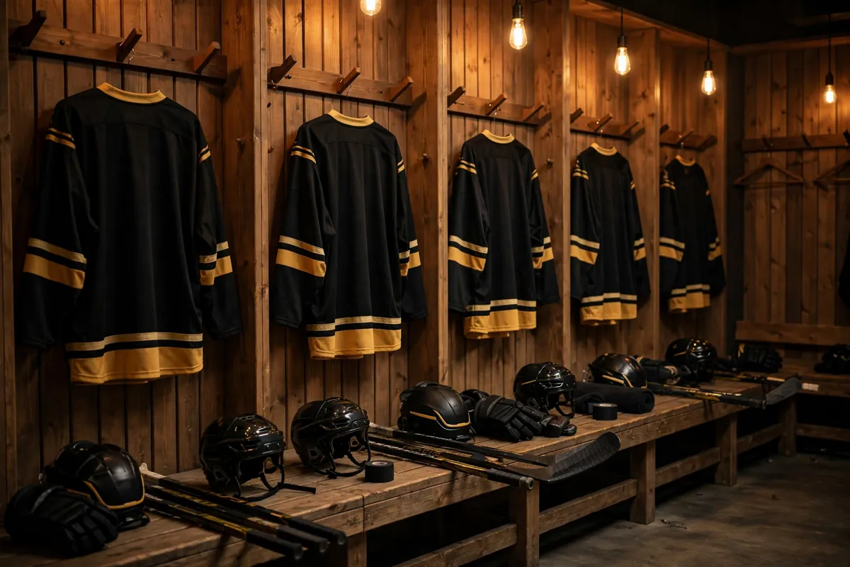 Black and gold Bruins-style jerseys hanging in a professional hockey locker room.