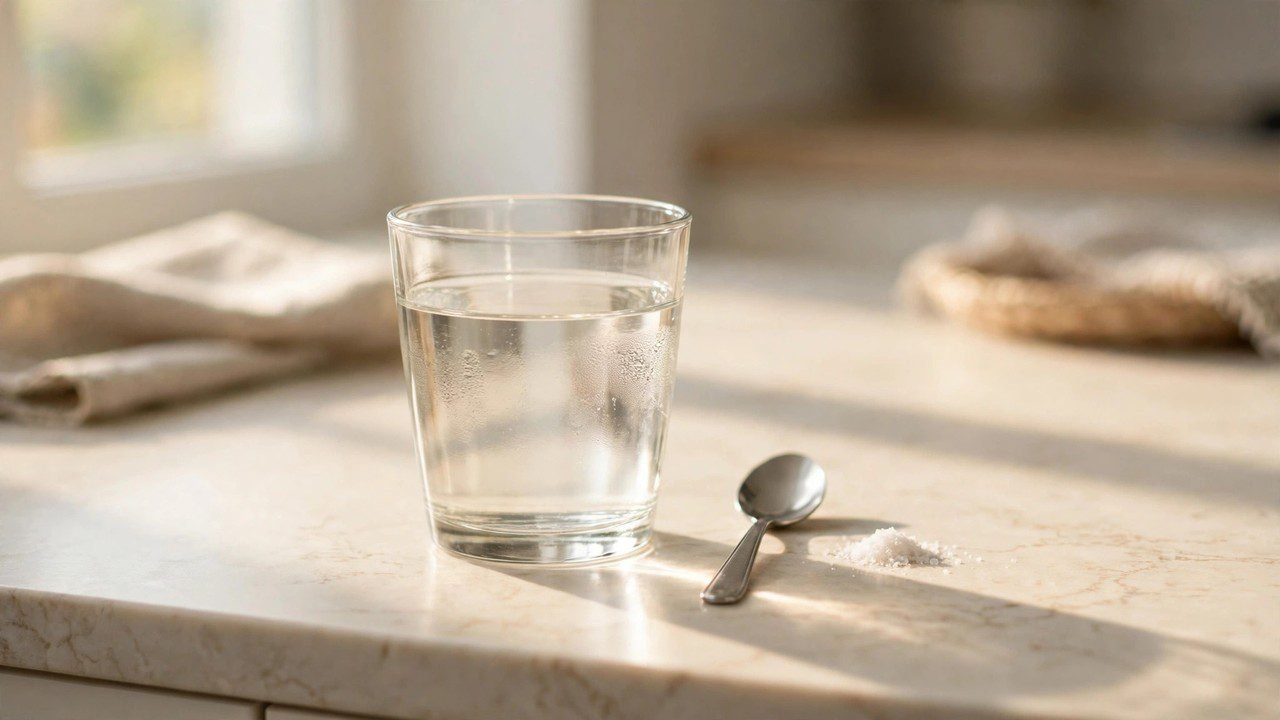 A glass of warm salt water, the simplest home remedy for soothing a canker sore — a classic first step in canker sore treatment.