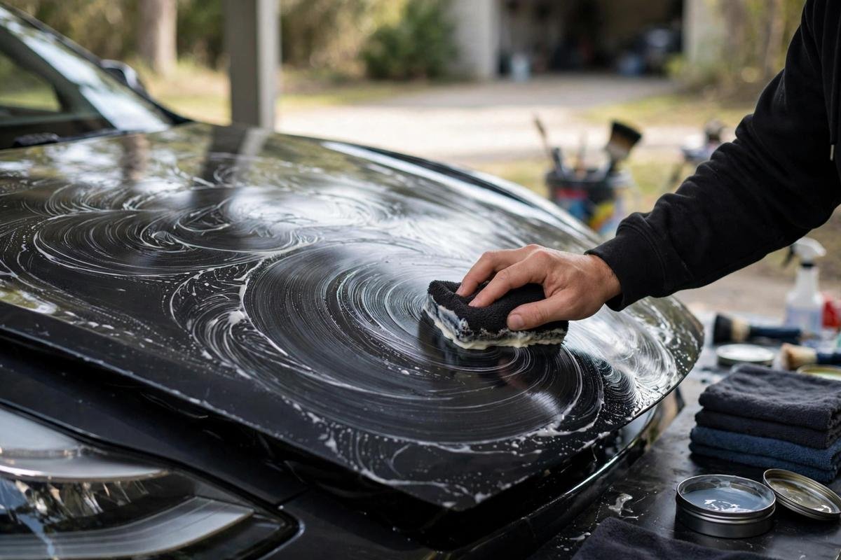 A person applying carnauba car wax paste to a car bonnet with a soft cloth