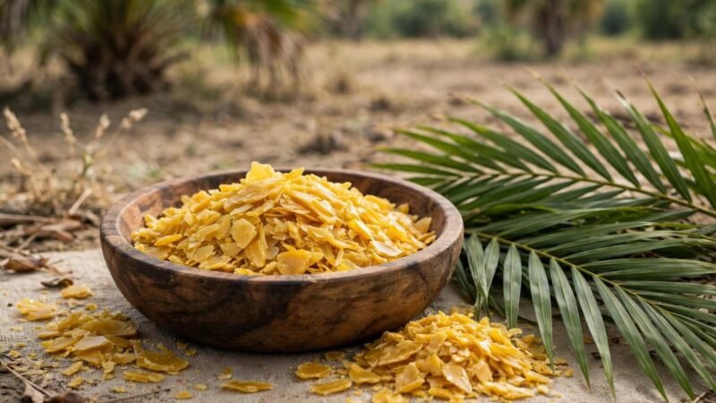 Golden carnauba wax flakes beside carnauba palm leaves in sunlight