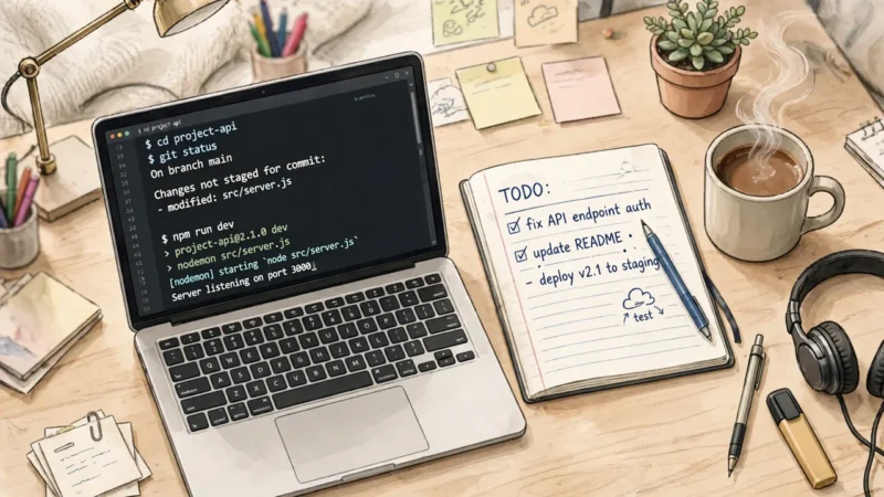 A developer's desk with a laptop showing a terminal window, a notebook and a coffee mug nearby.