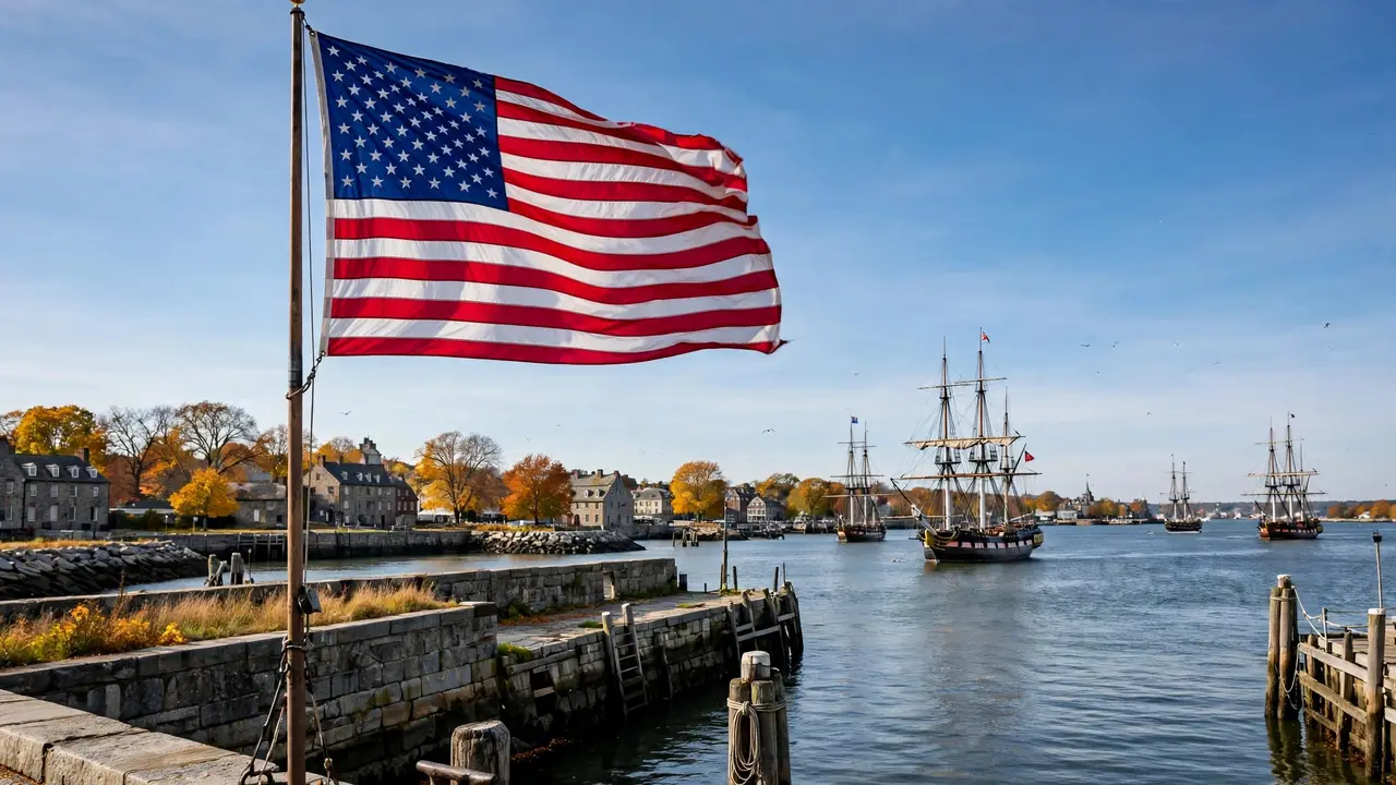 An American flag waving above a historic harbor with tall sailing ships in the distance on Columbus Day 2026.