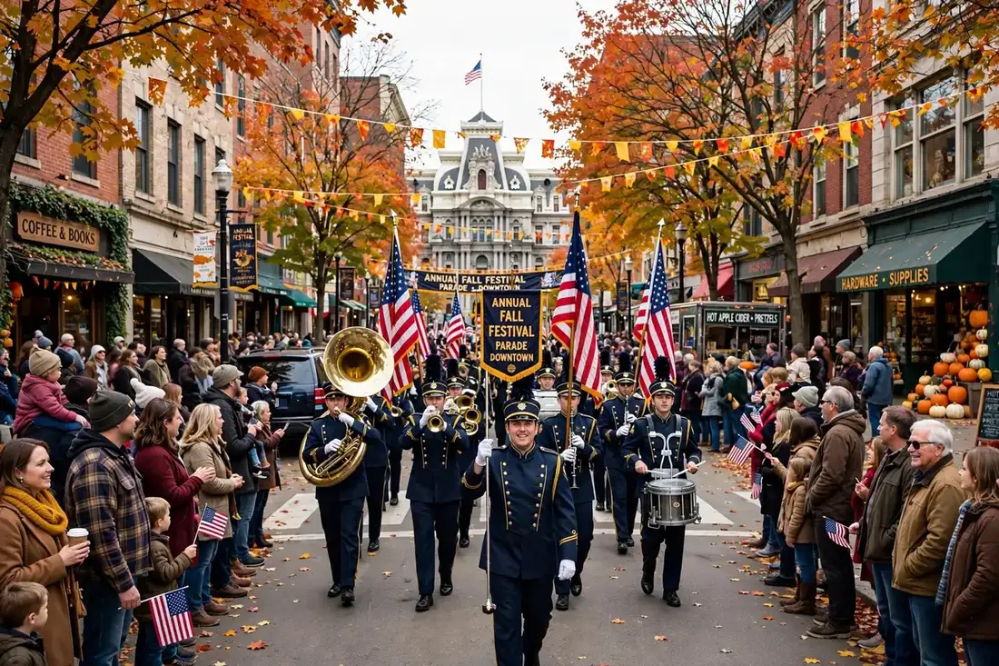 A festive street parade with flags and a marching band in an American city in autumn.