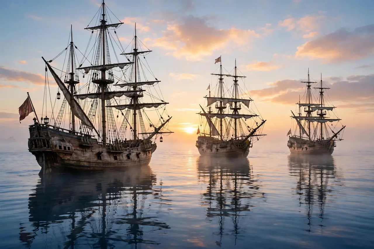 Three old wooden sailing ships with tall masts on calm ocean water at sunrise.