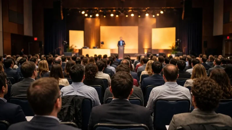 A large education conference audience in 2024 listening to a speaker on stage in a conference hall.