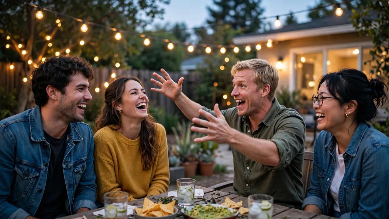 Friends laughing together at a backyard party while someone tells a corny joke.