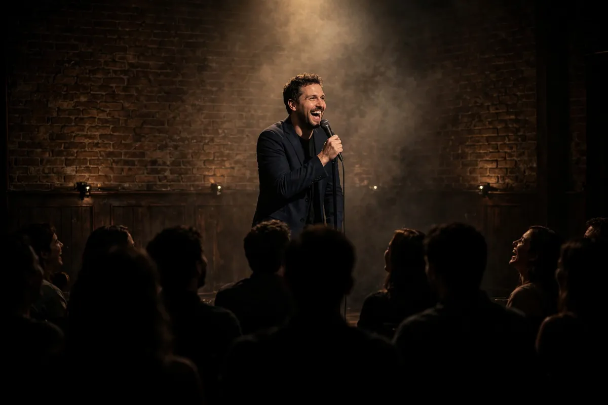 A comedian telling a knock-knock joke on stage to a laughing audience.