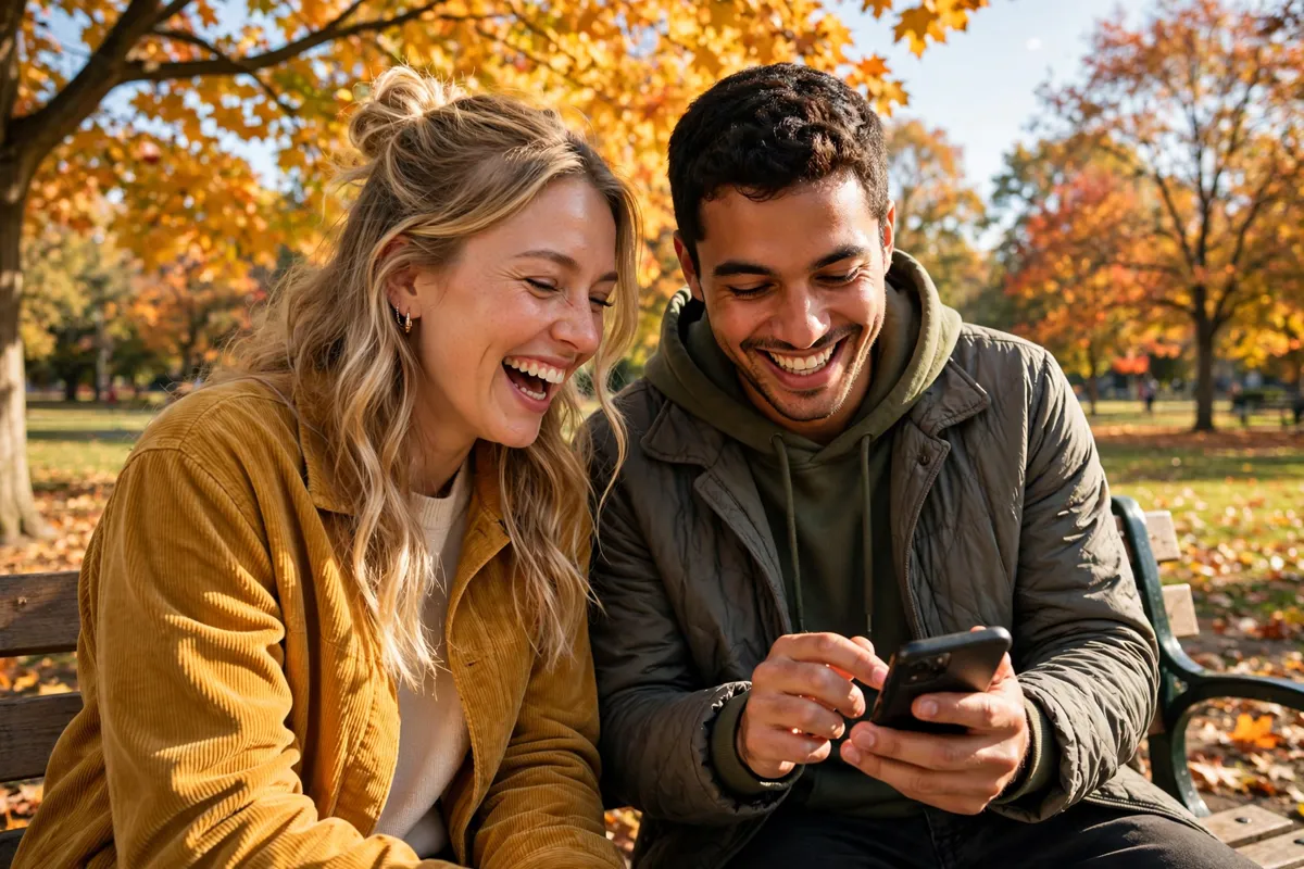 Two friends laughing at corny pun jokes on a phone while sitting on a park bench.