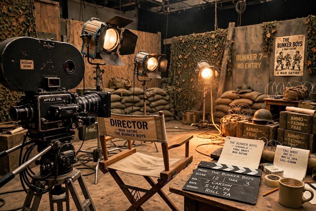 A 1970s Hollywood film set with a vintage movie camera, director's chair and studio lights.