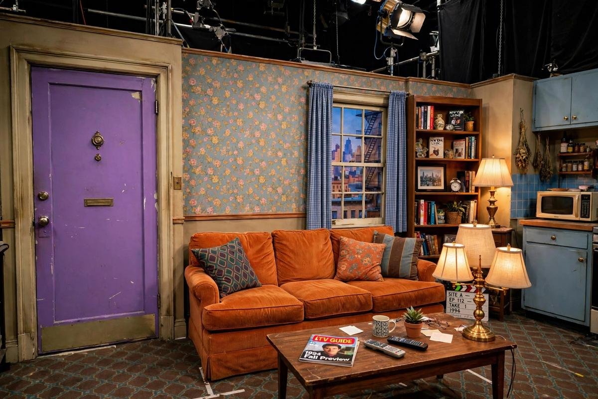 A cozy 1990s sitcom living room television set with a couch and warm lamps, evoking the Friends era.
