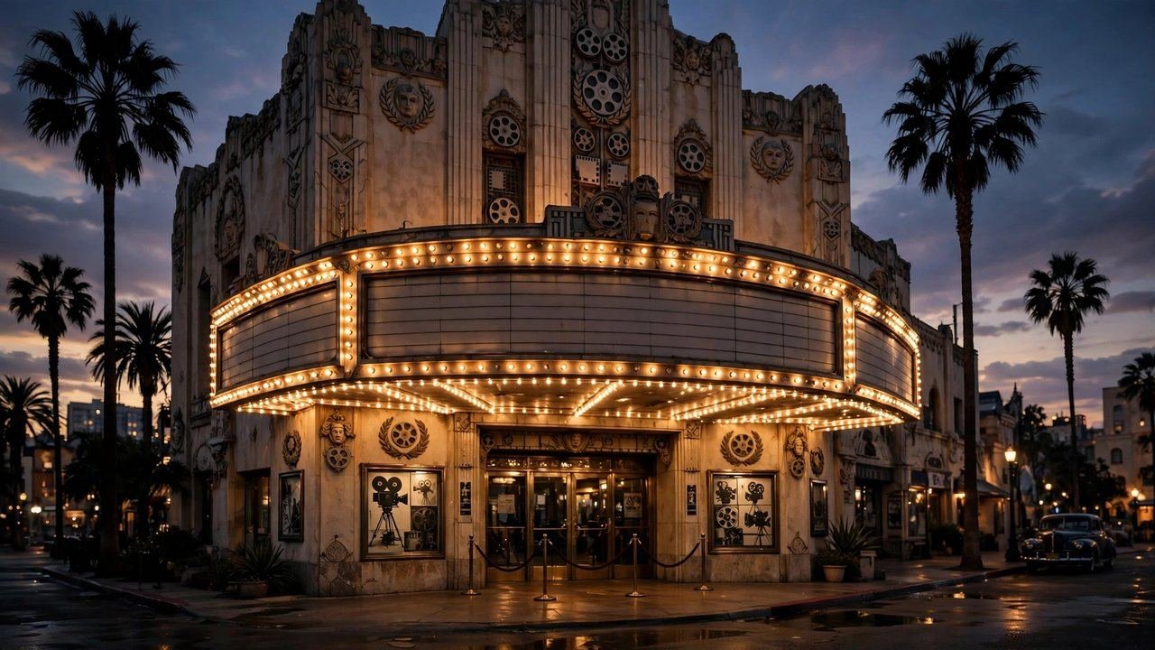 Classic Hollywood movie theater marquee glowing at dusk, a tribute to Elliott Gould's long film career.