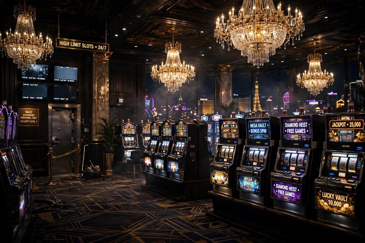 A glamorous Las Vegas casino floor at night with dramatic lighting, evoking a heist film atmosphere.