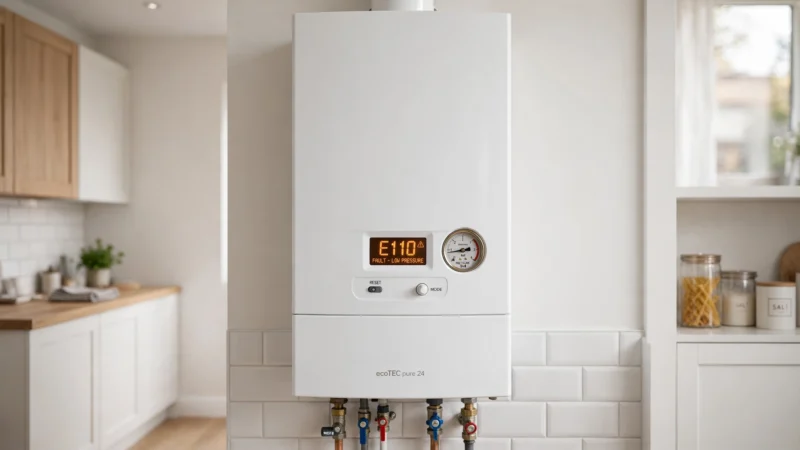 A modern white combi boiler mounted on a kitchen wall with a small digital display showing an error code.