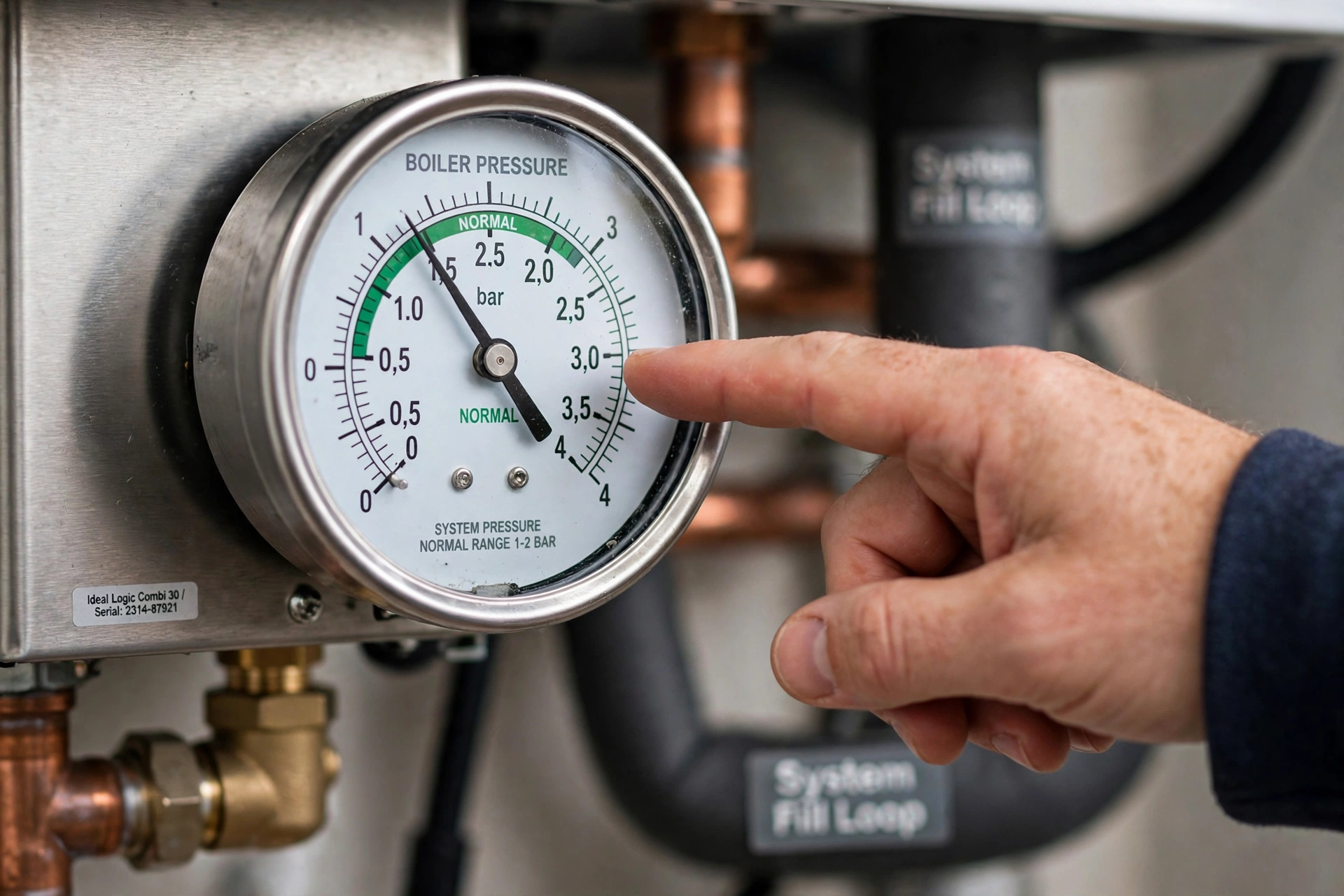 A close-up of a boiler pressure gauge with its needle in the normal zone.