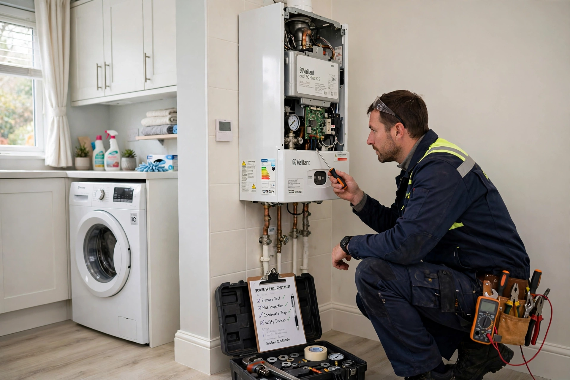 A heating engineer in workwear inspecting a wall-mounted boiler with tools.
