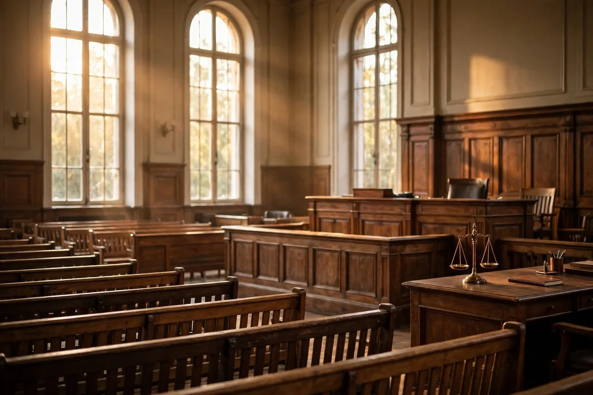 Courtroom interior with a scales of justice statue on a desk in warm window light