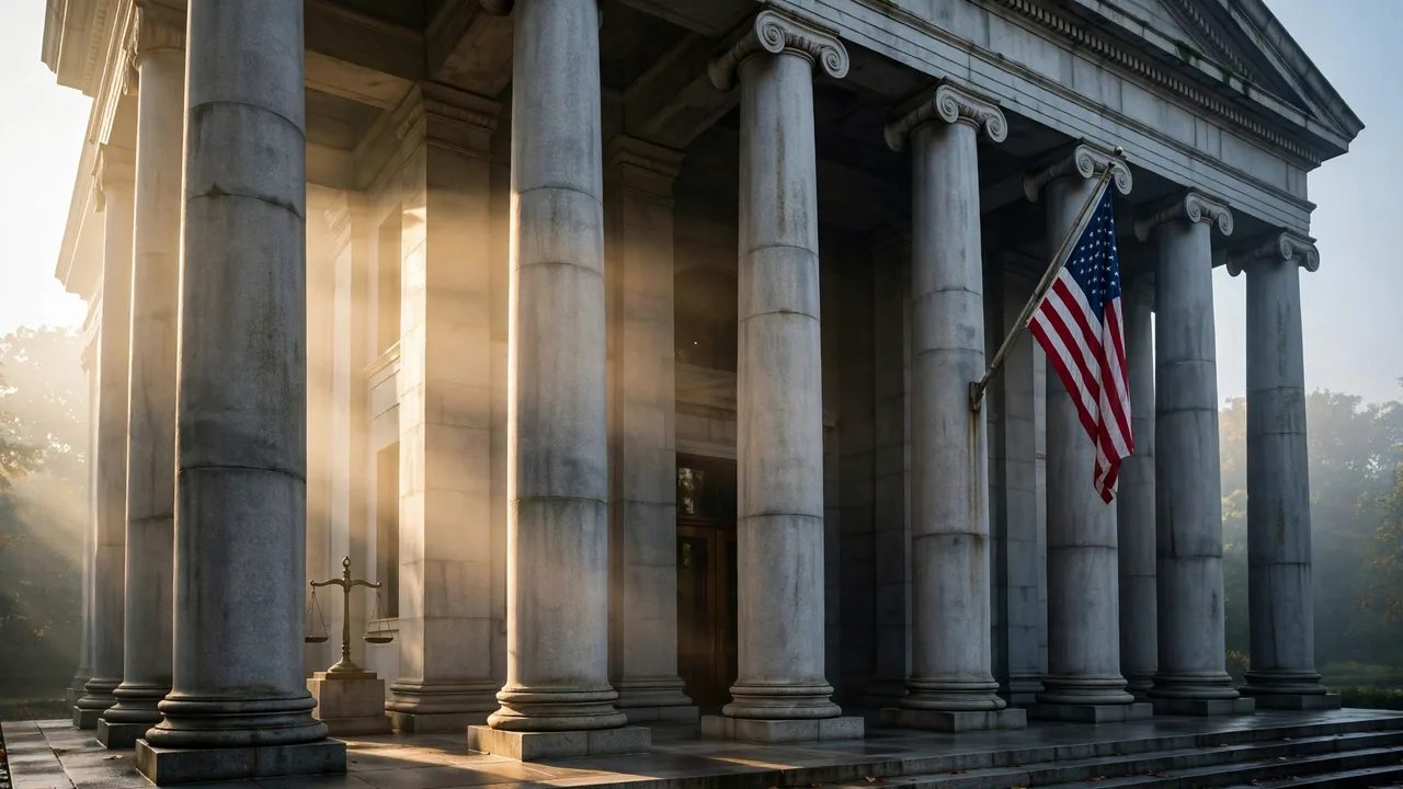 Grand courthouse columns with an American flag in morning light, illustrating what a felony means in the justice system