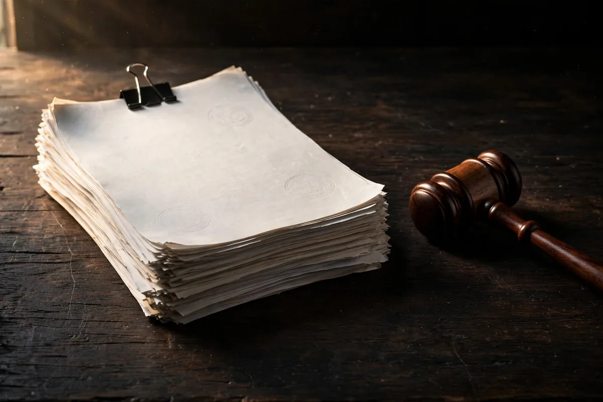 Legal documents and a judge's gavel on a dark wooden desk