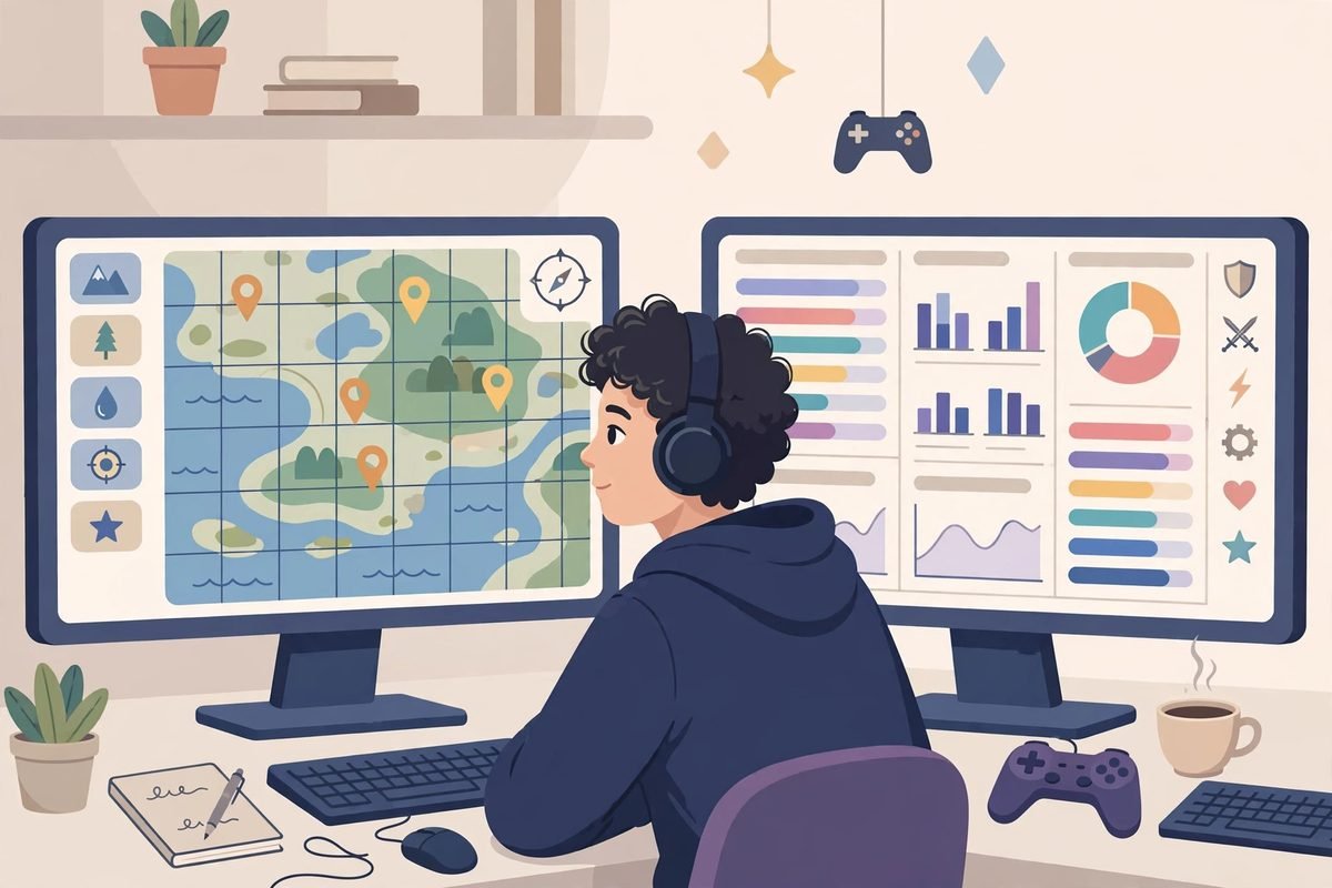 A gamer comparing two different game database interfaces shown on side-by-side screens.