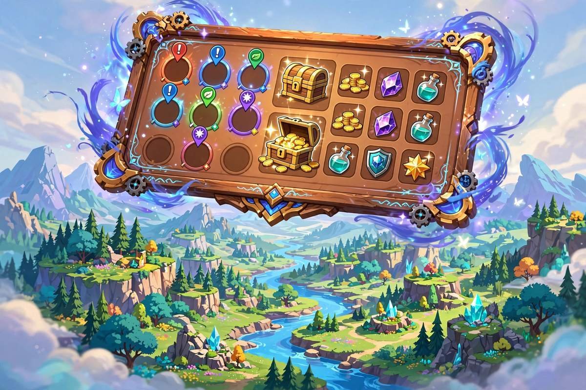 A fantasy game quest board interface with mission markers, treasure chests, and reward icons over a game landscape.
